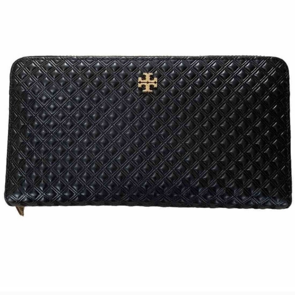 Tory Burch Embossed Multi-Gusset Zip Continental Wallet Black 7.6'x4'x1'